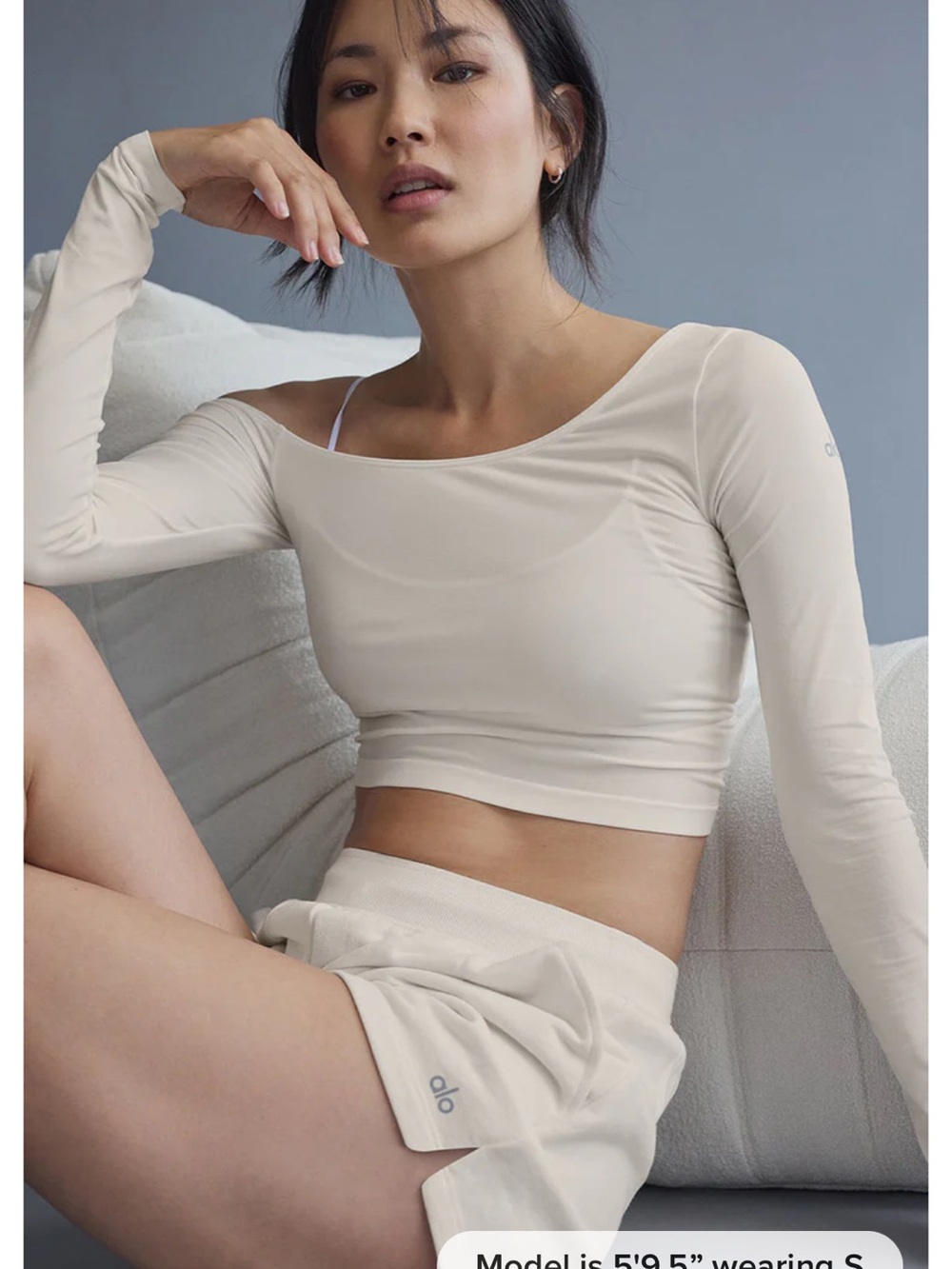 ALO Asymmetric Sheer Glow Long Sleeve XS Ivory Cream - Picture 10 of 12